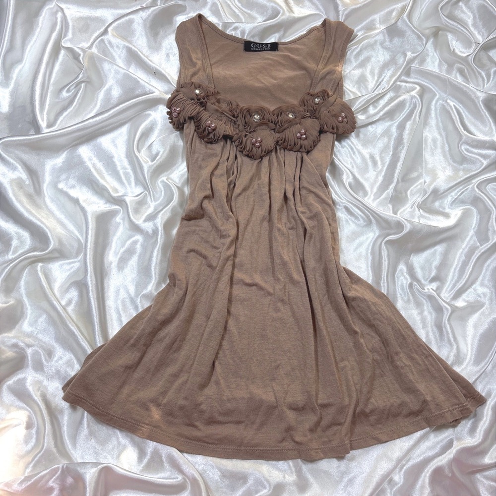 y2k Tank Top Brown Excellent G.U.S.B Rosette Pearl Rhinestone Tunic 01215 M